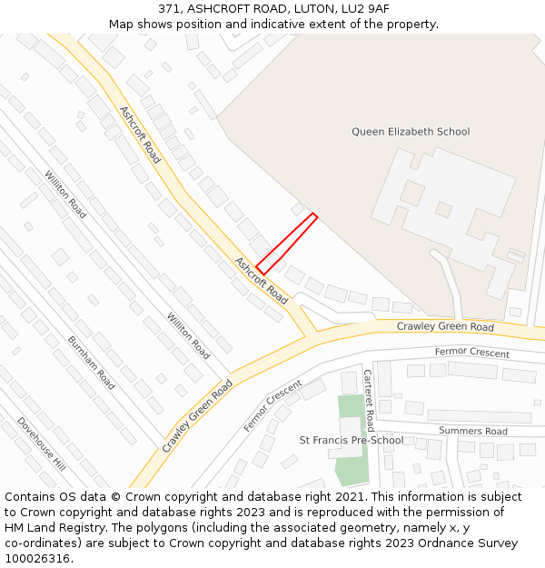 371, ASHCROFT ROAD, LUTON, LU2 9AF: Location map and indicative extent of plot