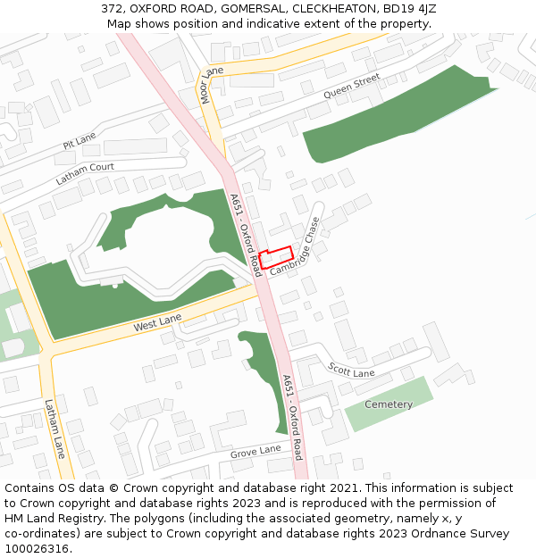 372, OXFORD ROAD, GOMERSAL, CLECKHEATON, BD19 4JZ: Location map and indicative extent of plot