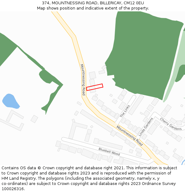 374, MOUNTNESSING ROAD, BILLERICAY, CM12 0EU: Location map and indicative extent of plot