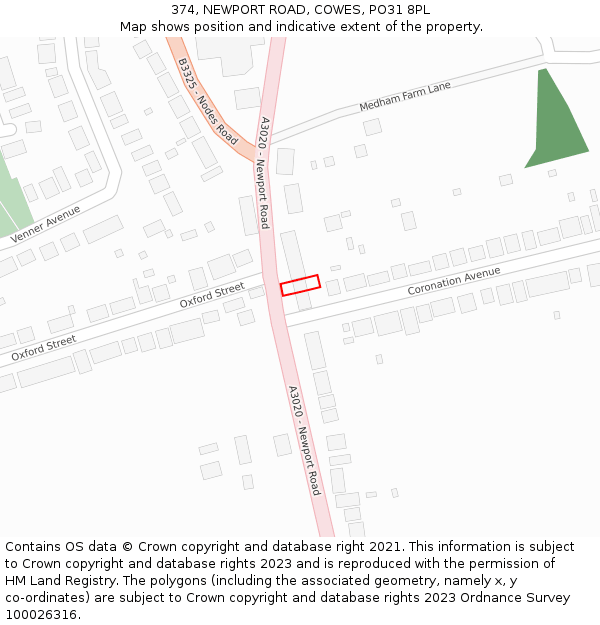 374, NEWPORT ROAD, COWES, PO31 8PL: Location map and indicative extent of plot