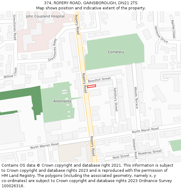 374, ROPERY ROAD, GAINSBOROUGH, DN21 2TS: Location map and indicative extent of plot