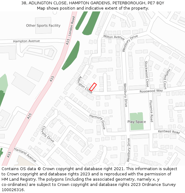 38, ADLINGTON CLOSE, HAMPTON GARDENS, PETERBOROUGH, PE7 8QY: Location map and indicative extent of plot