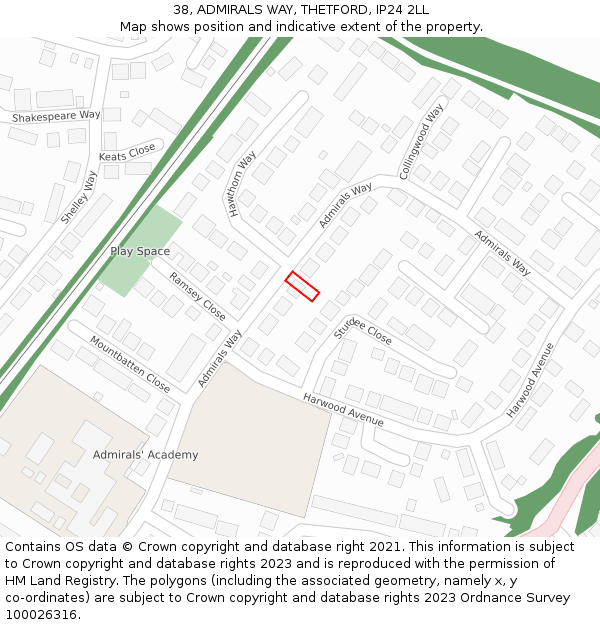 38, ADMIRALS WAY, THETFORD, IP24 2LL: Location map and indicative extent of plot