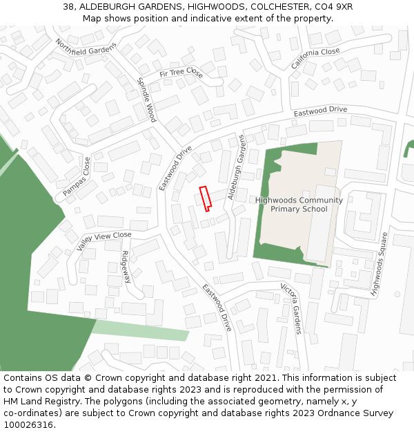 38, ALDEBURGH GARDENS, HIGHWOODS, COLCHESTER, CO4 9XR: Location map and indicative extent of plot