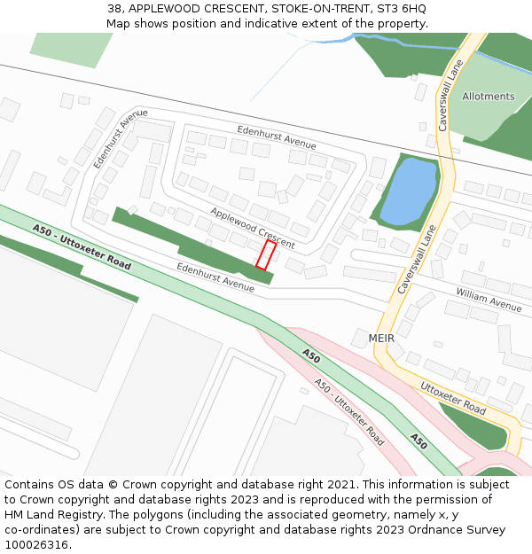 38, APPLEWOOD CRESCENT, STOKE-ON-TRENT, ST3 6HQ: Location map and indicative extent of plot