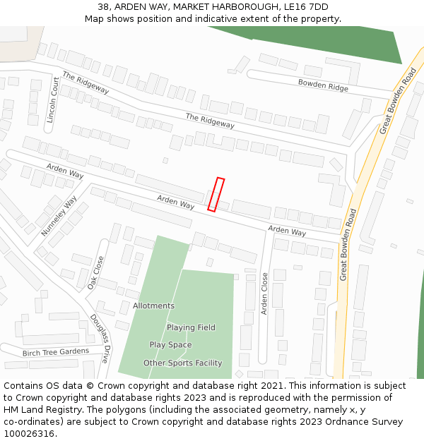 38, ARDEN WAY, MARKET HARBOROUGH, LE16 7DD: Location map and indicative extent of plot