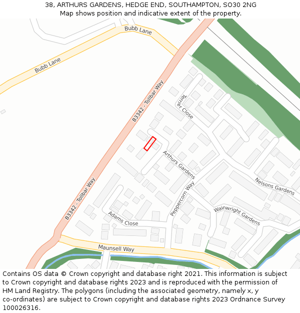 38, ARTHURS GARDENS, HEDGE END, SOUTHAMPTON, SO30 2NG: Location map and indicative extent of plot