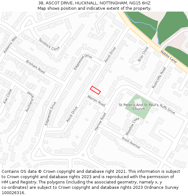 38, ASCOT DRIVE, HUCKNALL, NOTTINGHAM, NG15 6HZ: Location map and indicative extent of plot