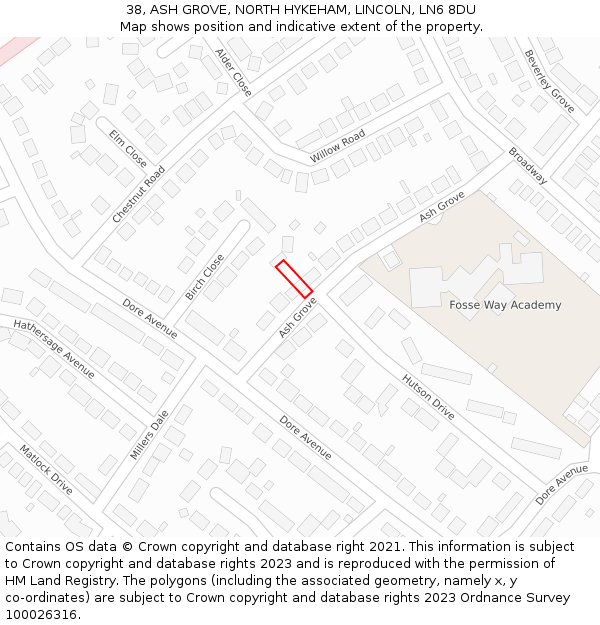 38, ASH GROVE, NORTH HYKEHAM, LINCOLN, LN6 8DU: Location map and indicative extent of plot