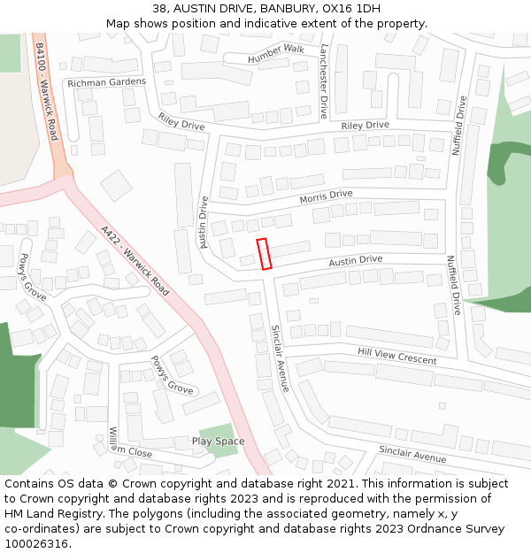 38, AUSTIN DRIVE, BANBURY, OX16 1DH: Location map and indicative extent of plot
