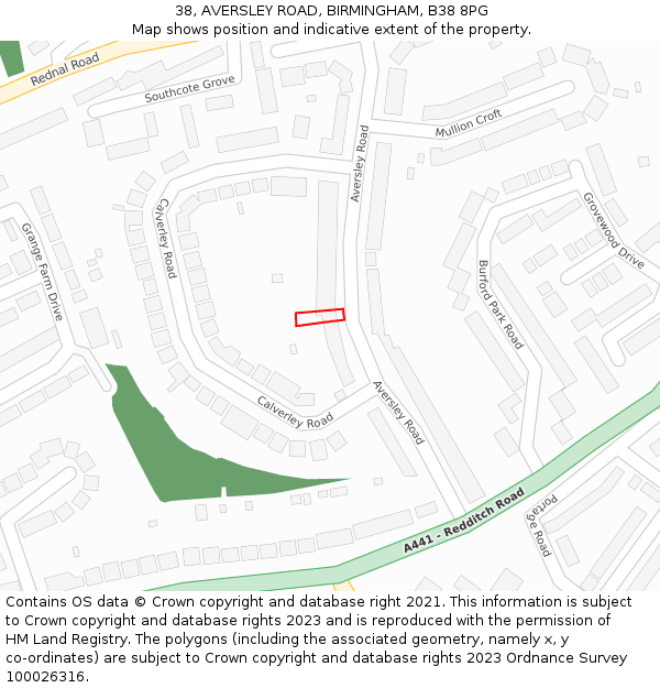 38, AVERSLEY ROAD, BIRMINGHAM, B38 8PG: Location map and indicative extent of plot