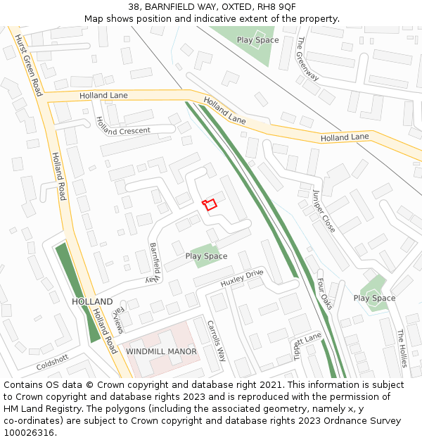 38, BARNFIELD WAY, OXTED, RH8 9QF: Location map and indicative extent of plot