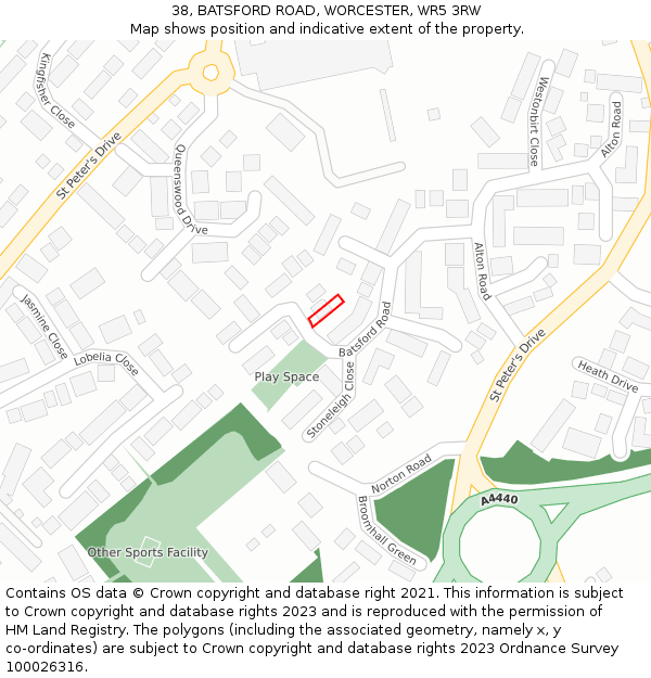 38, BATSFORD ROAD, WORCESTER, WR5 3RW: Location map and indicative extent of plot