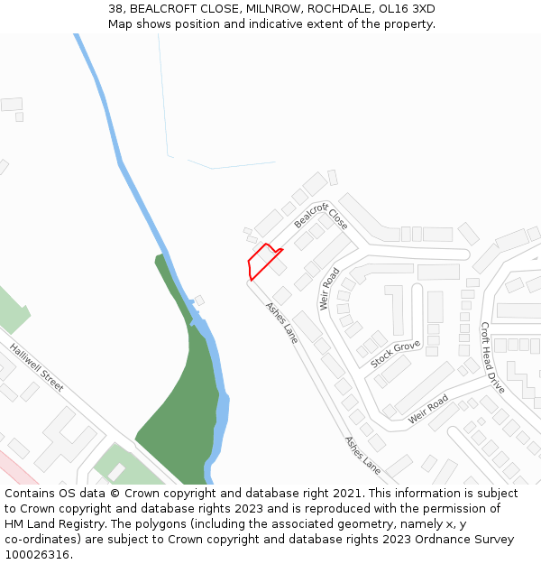 38, BEALCROFT CLOSE, MILNROW, ROCHDALE, OL16 3XD: Location map and indicative extent of plot