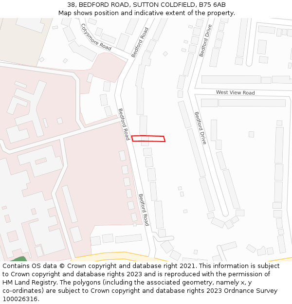 38, BEDFORD ROAD, SUTTON COLDFIELD, B75 6AB: Location map and indicative extent of plot