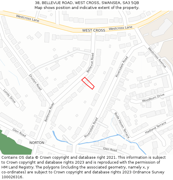 38, BELLEVUE ROAD, WEST CROSS, SWANSEA, SA3 5QB: Location map and indicative extent of plot