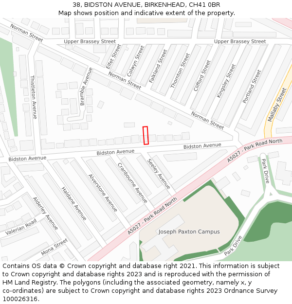 38, BIDSTON AVENUE, BIRKENHEAD, CH41 0BR: Location map and indicative extent of plot