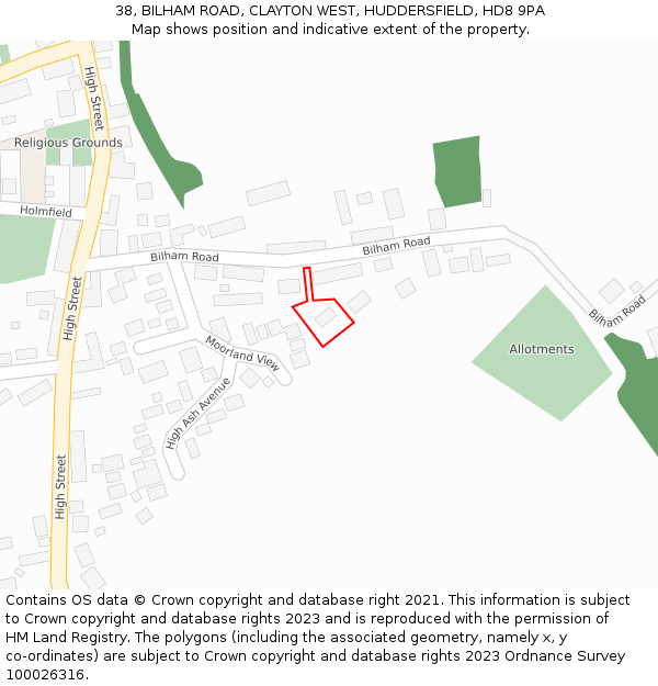 38, BILHAM ROAD, CLAYTON WEST, HUDDERSFIELD, HD8 9PA: Location map and indicative extent of plot