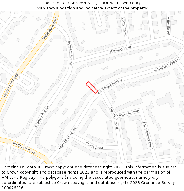 38, BLACKFRIARS AVENUE, DROITWICH, WR9 8RQ: Location map and indicative extent of plot