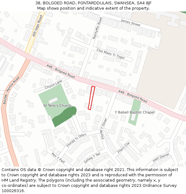 38, BOLGOED ROAD, PONTARDDULAIS, SWANSEA, SA4 8JF: Location map and indicative extent of plot