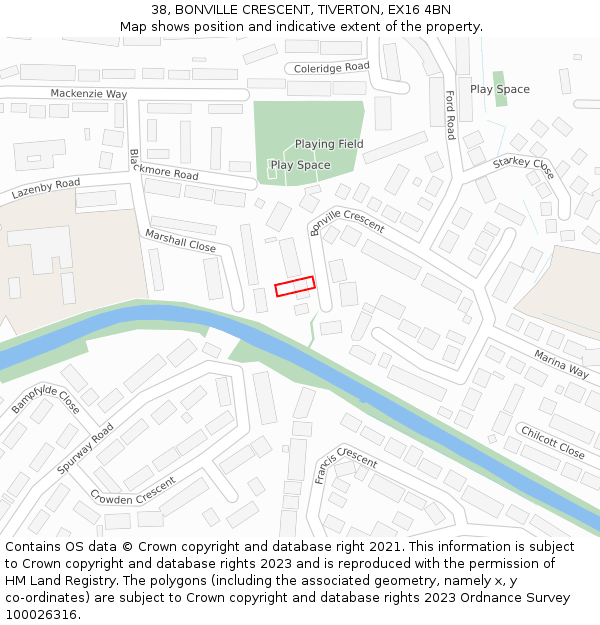 38, BONVILLE CRESCENT, TIVERTON, EX16 4BN: Location map and indicative extent of plot
