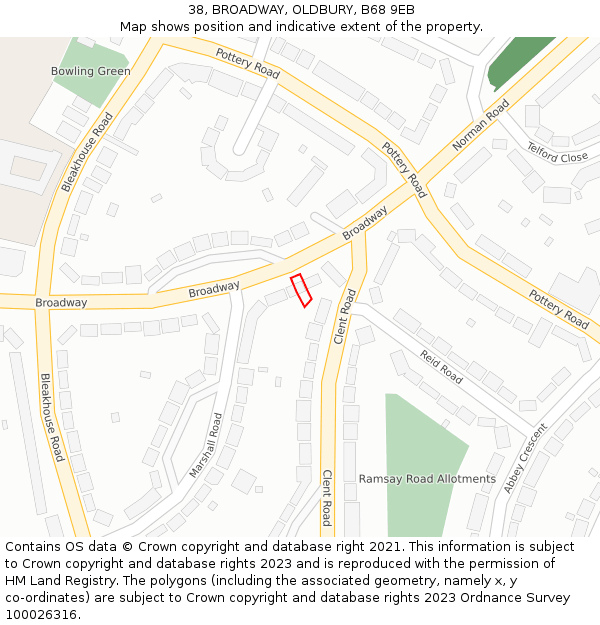 38, BROADWAY, OLDBURY, B68 9EB: Location map and indicative extent of plot
