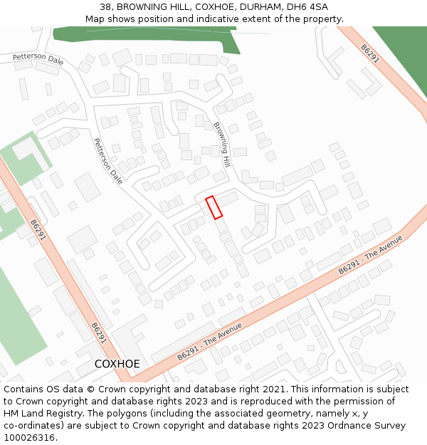 38, BROWNING HILL, COXHOE, DURHAM, DH6 4SA: Location map and indicative extent of plot