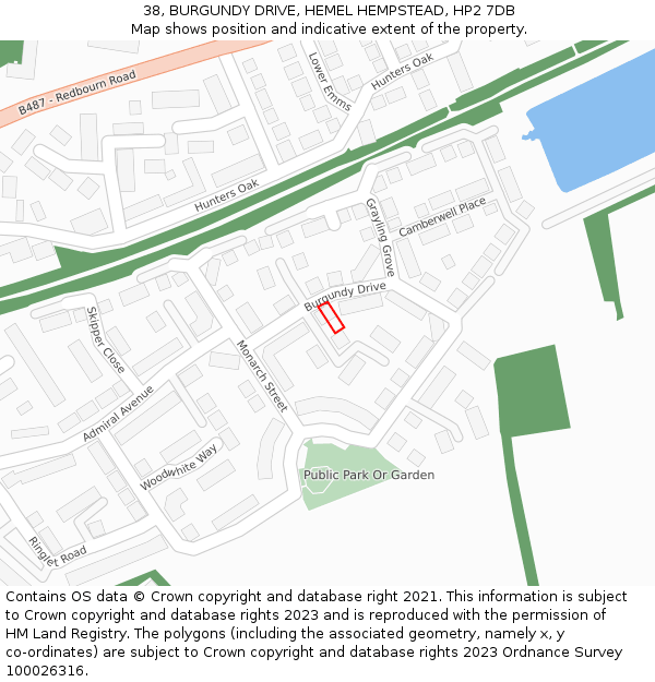 38, BURGUNDY DRIVE, HEMEL HEMPSTEAD, HP2 7DB: Location map and indicative extent of plot