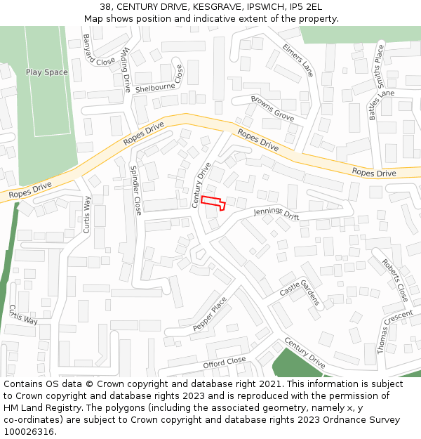 38, CENTURY DRIVE, KESGRAVE, IPSWICH, IP5 2EL: Location map and indicative extent of plot