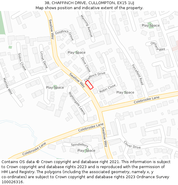 38, CHAFFINCH DRIVE, CULLOMPTON, EX15 1UJ: Location map and indicative extent of plot