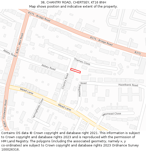 38, CHANTRY ROAD, CHERTSEY, KT16 8NH: Location map and indicative extent of plot