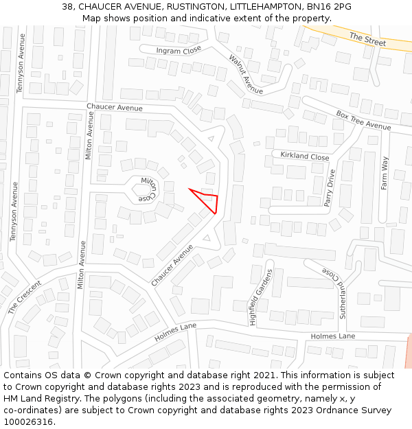 38, CHAUCER AVENUE, RUSTINGTON, LITTLEHAMPTON, BN16 2PG: Location map and indicative extent of plot
