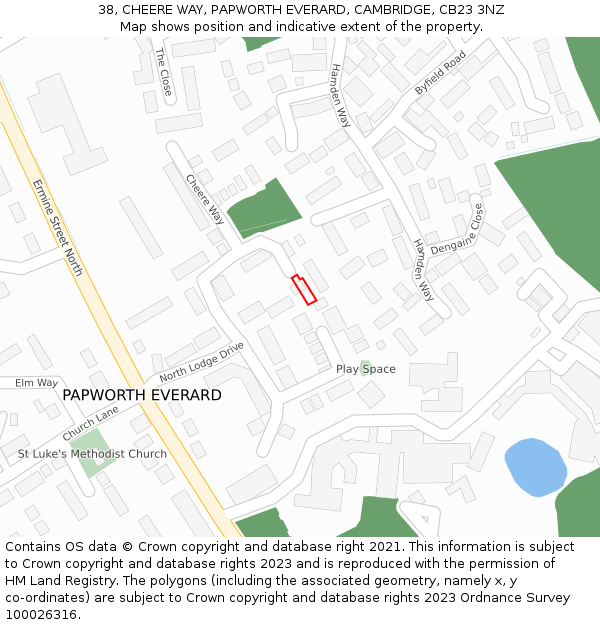 38, CHEERE WAY, PAPWORTH EVERARD, CAMBRIDGE, CB23 3NZ: Location map and indicative extent of plot