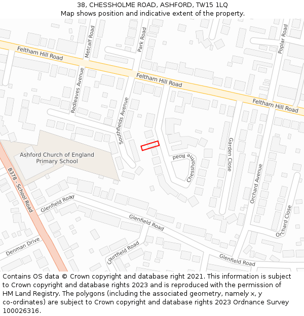 38, CHESSHOLME ROAD, ASHFORD, TW15 1LQ: Location map and indicative extent of plot