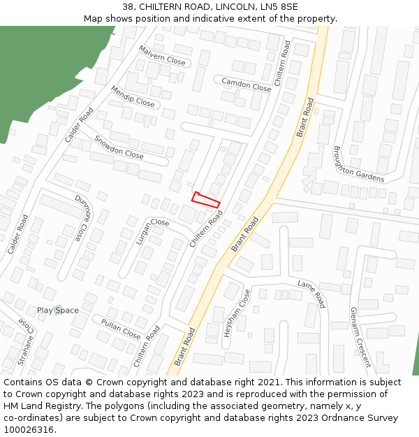 38, CHILTERN ROAD, LINCOLN, LN5 8SE: Location map and indicative extent of plot
