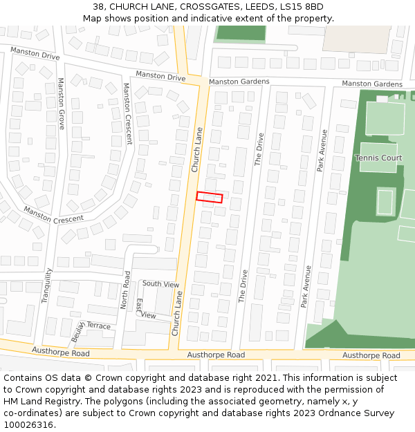 38, CHURCH LANE, CROSSGATES, LEEDS, LS15 8BD: Location map and indicative extent of plot