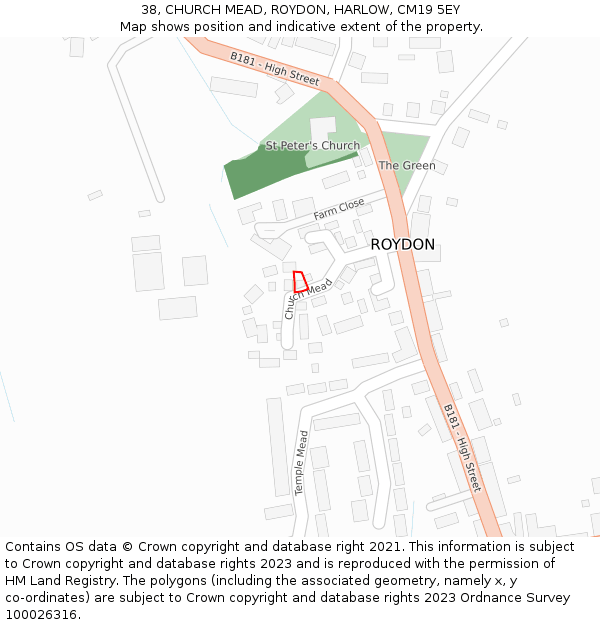 38, CHURCH MEAD, ROYDON, HARLOW, CM19 5EY: Location map and indicative extent of plot