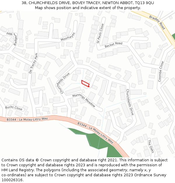 38, CHURCHFIELDS DRIVE, BOVEY TRACEY, NEWTON ABBOT, TQ13 9QU: Location map and indicative extent of plot
