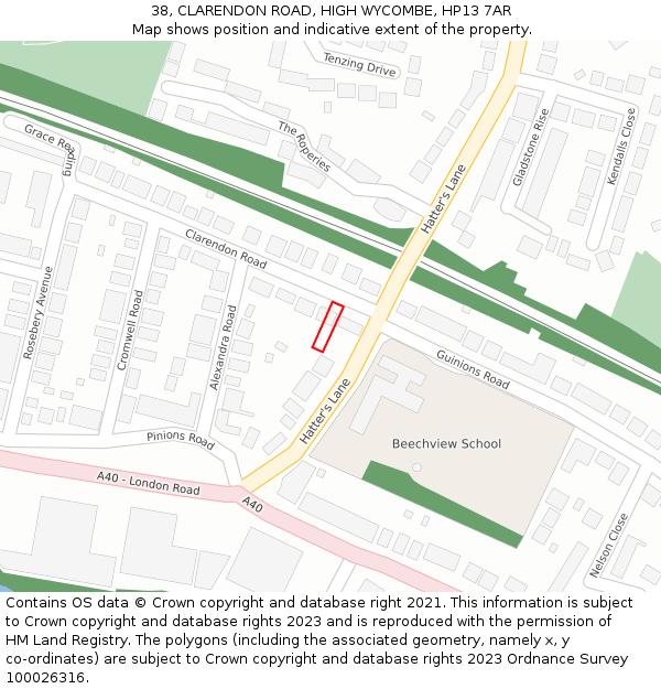 38, CLARENDON ROAD, HIGH WYCOMBE, HP13 7AR: Location map and indicative extent of plot
