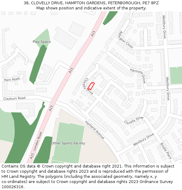 38, CLOVELLY DRIVE, HAMPTON GARDENS, PETERBOROUGH, PE7 8PZ: Location map and indicative extent of plot