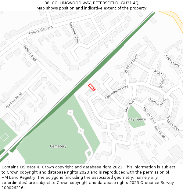 38, COLLINGWOOD WAY, PETERSFIELD, GU31 4QJ: Location map and indicative extent of plot