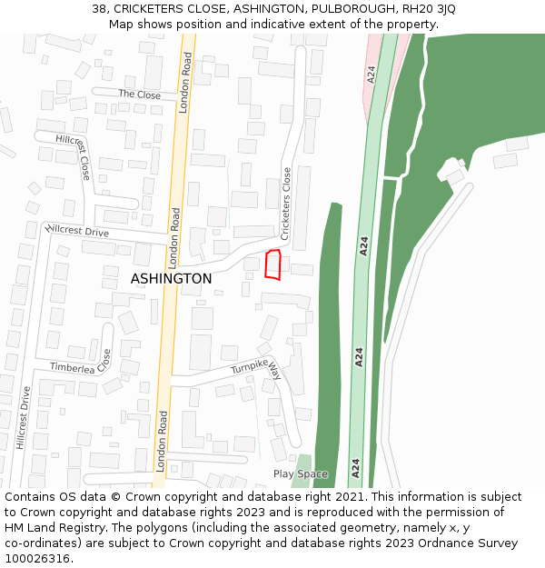 38, CRICKETERS CLOSE, ASHINGTON, PULBOROUGH, RH20 3JQ: Location map and indicative extent of plot