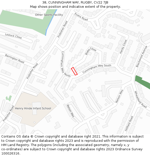 38, CUNNINGHAM WAY, RUGBY, CV22 7JB: Location map and indicative extent of plot
