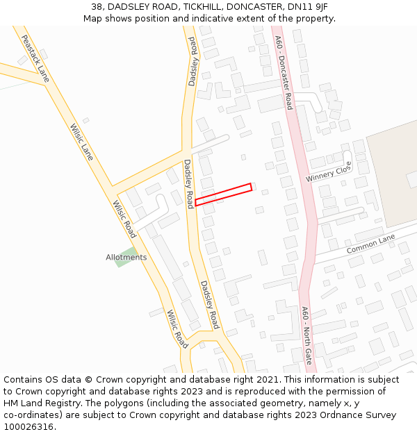 38, DADSLEY ROAD, TICKHILL, DONCASTER, DN11 9JF: Location map and indicative extent of plot