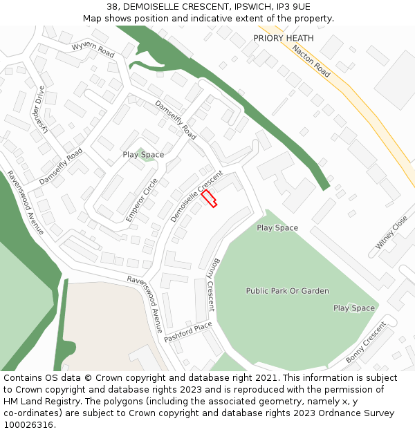 38, DEMOISELLE CRESCENT, IPSWICH, IP3 9UE: Location map and indicative extent of plot