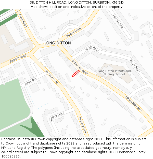 38, DITTON HILL ROAD, LONG DITTON, SURBITON, KT6 5JD: Location map and indicative extent of plot
