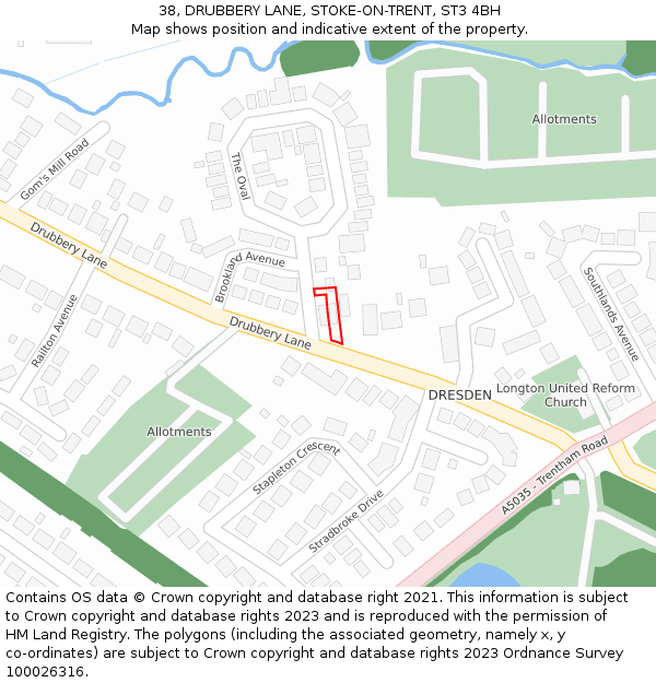 38, DRUBBERY LANE, STOKE-ON-TRENT, ST3 4BH: Location map and indicative extent of plot