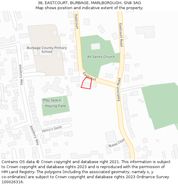 38, EASTCOURT, BURBAGE, MARLBOROUGH, SN8 3AG: Location map and indicative extent of plot