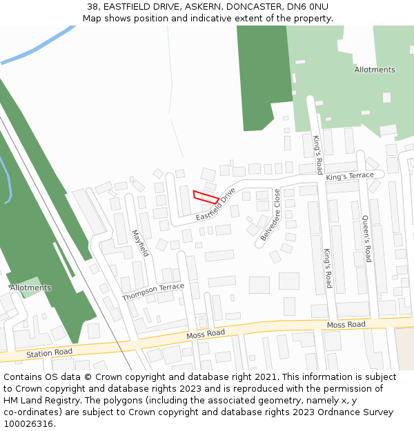 38, EASTFIELD DRIVE, ASKERN, DONCASTER, DN6 0NU: Location map and indicative extent of plot