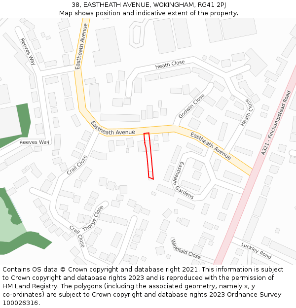 38, EASTHEATH AVENUE, WOKINGHAM, RG41 2PJ: Location map and indicative extent of plot